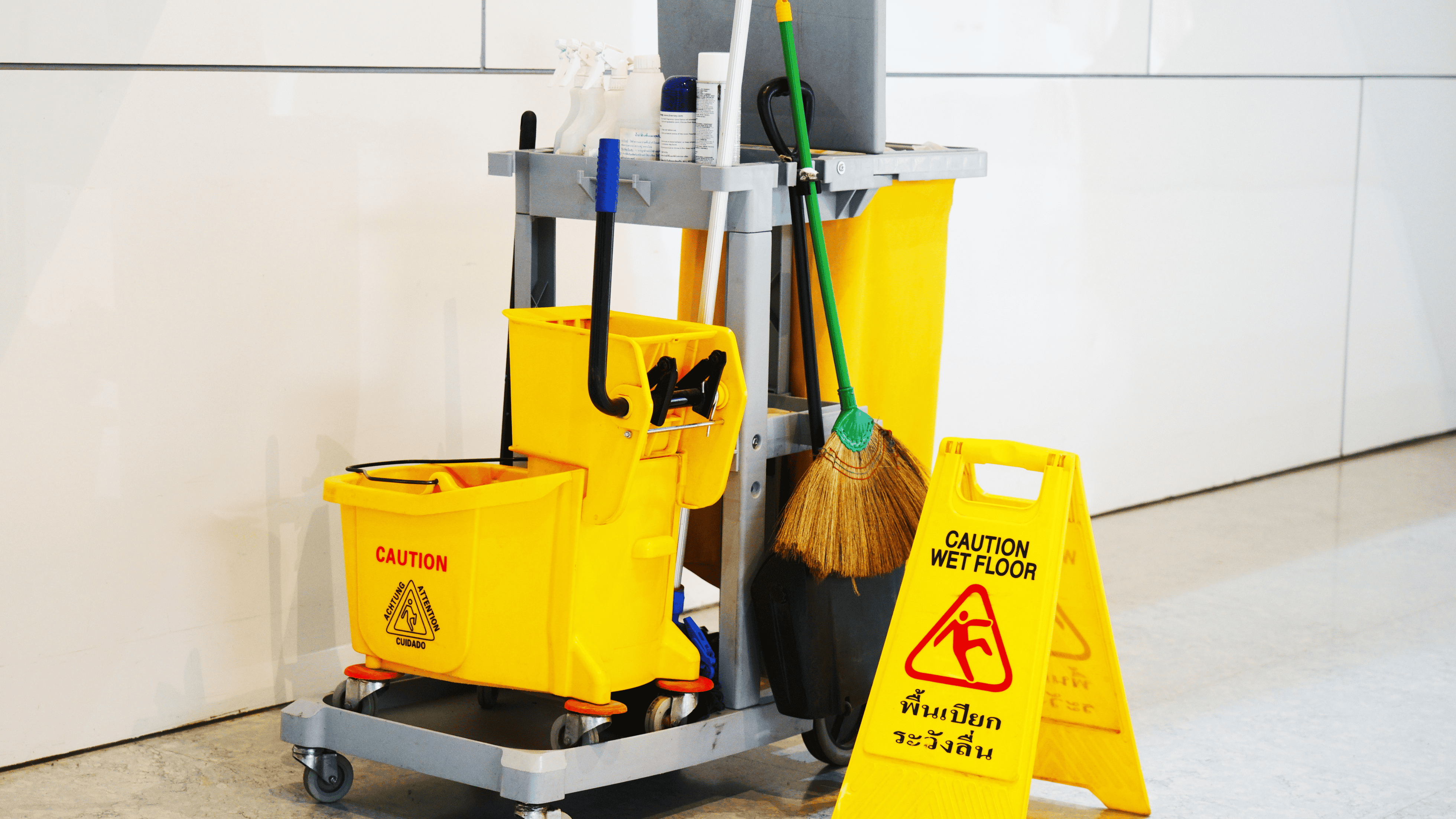 An image of a mop and sweep cart, with a caution sign directly in front of it.