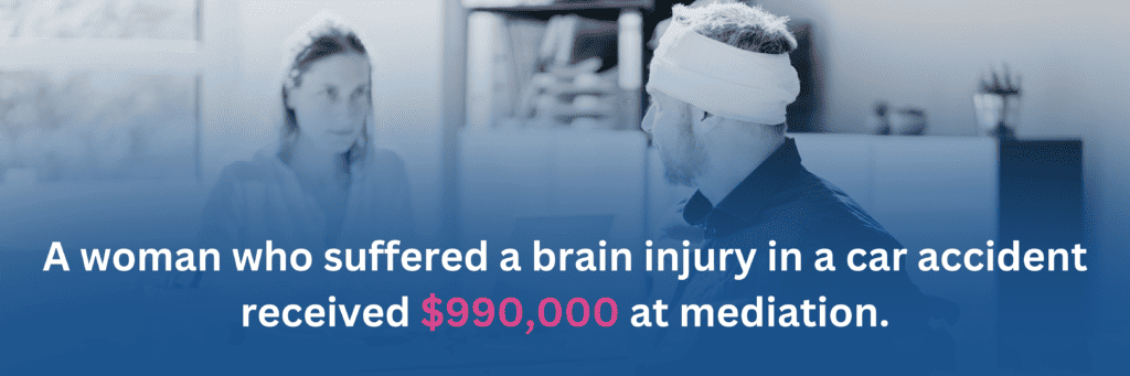 A graphic including a man with a head injury speaking to a lawyer, and the text says, "A woman who suffered a brain injury in a car accident received $990,000 at mediation."