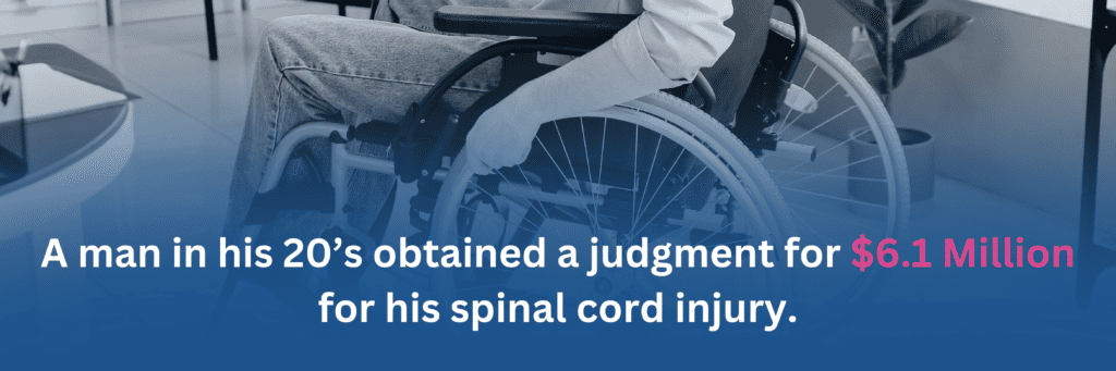 A graphic of a man in a wheelchair, and the text says, "A man in his 20’s obtained a judgment for $6.1 Million for his spinal cord injury."