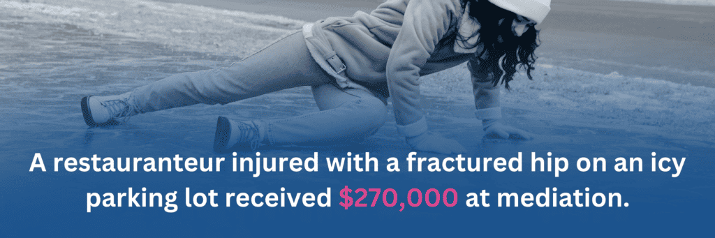 A graphic of a woman falling on ice, and the text says, "A restauranteur injured with a fractured hip on an icy parking lot received $270,000 at mediation."