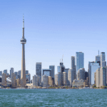 A picture of Toronto's skyline, shot over the water.